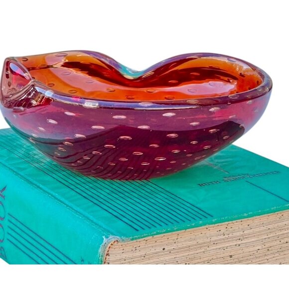 Murano Blown Glass Bowl With Bucillante Bubbles Red 6.25"x5.75"x2.25" Italy Gift - Picture 4 of 16